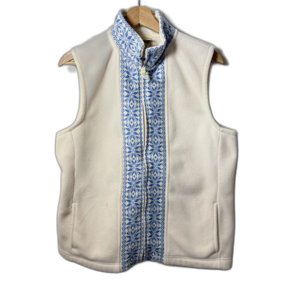 L.L.Bean Fleece Vest Womens L White Fair Isle Grandma Nordic Outdoors Ski Winter
